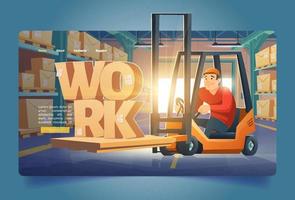 Warehouse work banner with man in forklift vector