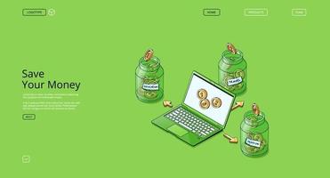 Save money banner with coins in glass jars vector