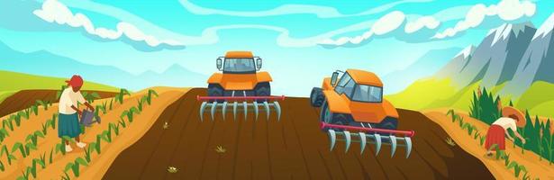 Farm field with plowing tractor and farmers work vector