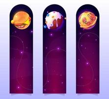 Funny bookmarks with food planets in outer space vector