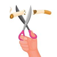 Hand cutting cigarette using scissor symbol for stop smoking cartoon illustration vector