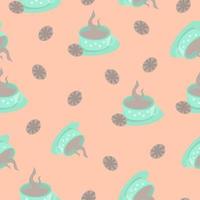 Seamless pattern with hot drink and cookies on a pale orange background. Coffee theme in vector