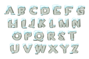 Stein-Alphabet-Set zum Lernen mit Schnee. Illustration graue Buchstaben, Schriftart aus Felsen für Design png