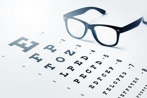 Eye chart for visual acuity testing and black rimmed eyeglasses photo