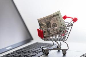 Miniature shopping cart with the US dollar bill inside photo