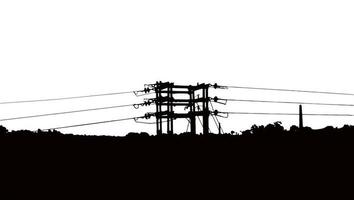 silueta de poste eléctrico. ilustración vectorial de transmisión de voltaje. líneas eléctricas de alto voltaje en el lado del bosque, paisaje natural. vector
