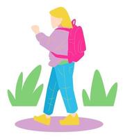 little girl with backpack walking towards school. side view. grass background. concept of school, study, etc. flat vector illustration