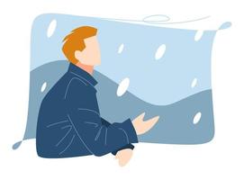 man looks up. holding snowflakes. side view. snow, mountains, cold background. suitable for winter theme. flat vector illustration