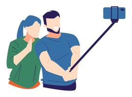 man and woman selfie, using smartphone and selfie stick. isolated on a white background. suitable for themes of photography, hobbies, technology, couples, love, etc. flat vector illustration