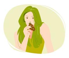 hermosa mujer comiendo barra de chocolate adecuada para el tema de la comida, dulce, merienda, impresión, etc. ilustración vectorial plana vector