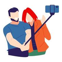 selfie de hombre y mujer, usando smartphone y selfie stick. Aislado en un fondo blanco. adecuado para temas de fotografía, pasatiempos, tecnología, parejas, amor, etc. ilustración vectorial plana vector