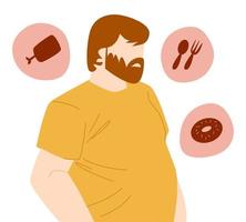 fat man is thinking about food hungry. spoon, fork, meat, donut icon. suitable for food themes, hobbies, hunger, vector