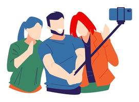 selfie de hombre y dos mujeres, usando cámara de teléfono y palo de selfie. Aislado en un fondo blanco. adecuado para el tema de la fotografía, el estilo de vida, la tecnología, los amigos, etc. ilustración vectorial plana vector