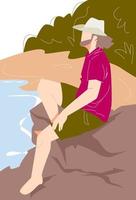longish man sitting on the rocks enjoying the scenery of the beach. side view. suitable for holiday themes, leisure, summer, vacation, etc. flat vector illustration