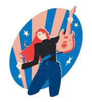 pose de mujer guitarrista. fondo de foco y icono de estrellas. adecuado para bandas, música, solo, rock, impresión, pegatina, afiche, fondo, etc. ilustración vectorial plana vector