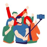 un grupo de amigos toman una foto selfie usando un teléfono inteligente y un palo selfie. Aislado en un fondo blanco. adecuado para temas de fotografía, pasatiempos, tecnología, estilo de vida, etc. ilustración vectorial plana vector