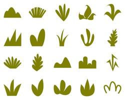 icono de hierba establecido en diferentes formas y estilos. color verde. aislado sobre fondo blanco. adecuado para temas de naturaleza, plantillas, web, etc. estilo de vector plano