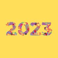 2023 typography is made from trumpet icon set, horn, etc. doodle collage. yellow background. new year concept for template, greeting card, print, sticker, banner, etc. flat vector style