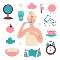 Set of hand drawn morning routine elements. The woman is brushing her teeth. Breakfast, morning fitness, daily planning. Vector isolated illustration