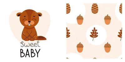 Cute baby print for pajamas or bedding. Forest animals and birds for printing on fabric. Lettering for children, sweet dreams. Charming beaver. Vector illustration