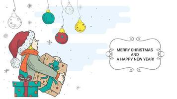 banner for the design of Christmas and New Years design in the style of childrens doodles A boy with a gift in his hands looks at Christmas balls vector