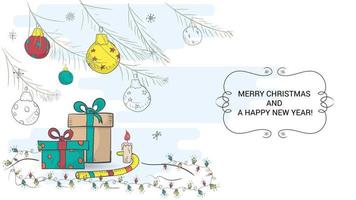 Banner for decoration of Christmas and New Years design in the style of childrens doodles Christmas toys hanging on the branches of a fir tree at the bottom of a gift box vector