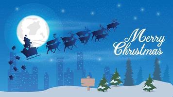 Christmas and New Year illustration a reindeer team carries Santa Claus in the night sky against the background of the moon over the night forest and the city vector