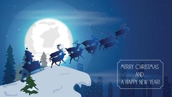 ilustración de navidad y año nuevo un equipo de renos lleva a santa claus tratando de volar desde una colina hacia el cielo contra el fondo de la luna vector