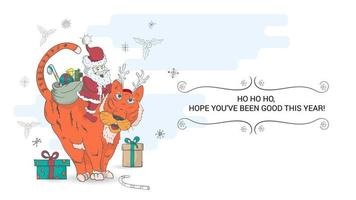 banner for the design of Christmas and New Years design in the style of childrens doodle Santa Claus with a bag of gifts sitting on a tiger vector