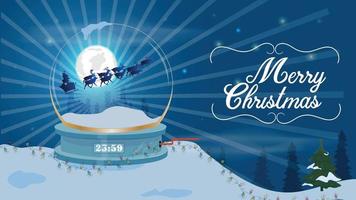 ilustración de navidad y año nuevo un equipo de renos lleva a santa claus en el cielo nocturno contra el fondo de una ciudad en una bola de cristal que se encuentra en la nieve vector