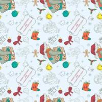 Seamless banner pattern for the design of Christmas and New Years design in the style of a doodle Boy with a gift in his hands among the festive items vector