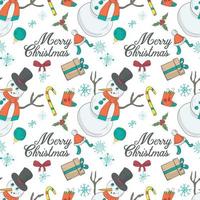 Seamless banner pattern for Christmas and New Year design in the style of a doodle Snowman on the background of festive items vector