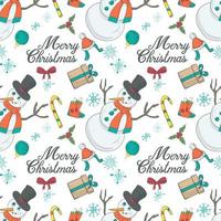 Seamless banner pattern for Christmas and New Year design in the style of a doodle Snowman on the background of festive items vector