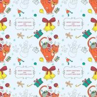 Seamless pattern banner for Christmas and New Years design in the style of doodle Santa Claus with a bag of gifts sits on a tiger on the background of festive items vector