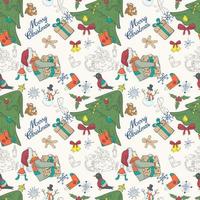 Seamless pattern banner for Christmas and New Year design in the style of doodle Festive spruce and a boy with a short gift vector