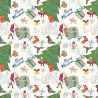 Seamless pattern banner for Christmas and New Year design in the style of doodle Festive spruce and a boy with a short gift vector