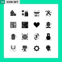 Group of 16 Solid Glyphs Signs and Symbols for video ribbon movement medical hiv Editable Vector Design Elements