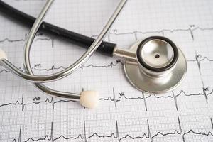 Stethoscope on electrocardiogram ECG, heart wave, heart attack, cardiogram report. photo