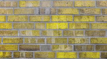 Detailed view at a colorful old and weathered brick wall texture as a panoramic background. photo