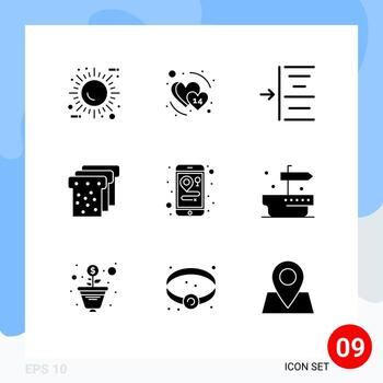 Mobile Interface Solid Glyph Set of 9 Pictograms of mobile location february education bread Editable Vector Design Elements