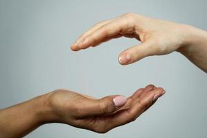 African and Caucasian female hands on gray background photo