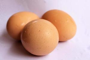 Three chicken eggs isolated white background. photo