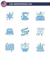 Pack of 9 creative USA Independence Day related Blues of party decoration american place cap white Editable USA Day Vector Design Elements