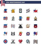 25 iconos creativos de EE. UU. Signos de independencia modernos y símbolos del 4 de julio de mapa unido banderines de bombilla de fiesta móvil elementos de diseño de vector de día de EE. UU. editables