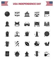 Pack of 25 creative USA Independence Day related Solid Glyph of day law garland justice usa Editable USA Day Vector Design Elements