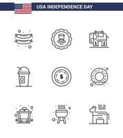 Group of 9 Lines Set for Independence day of United States of America such as donut dollar american american limonade Editable USA Day Vector Design Elements