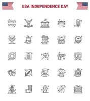 4th July USA Happy Independence Day Icon Symbols Group of 25 Modern Lines of chair popsicle flag ice cream frankfurter Editable USA Day Vector Design Elements