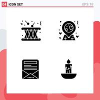 Set of 4 Commercial Solid Glyphs pack for drum email newsletter instrument love candle Editable Vector Design Elements