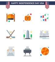 Flat Pack of 9 USA Independence Day Symbols of landmark sport american ice sport garland Editable USA Day Vector Design Elements
