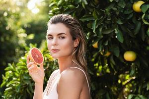 Beautiful woman with smooth skin with a grapefruit in her hands photo